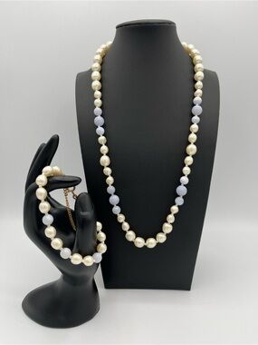 Signed Miriam Haskell 1960s Pearl & Blue Glass Necklace and Bracelet Vintage Set